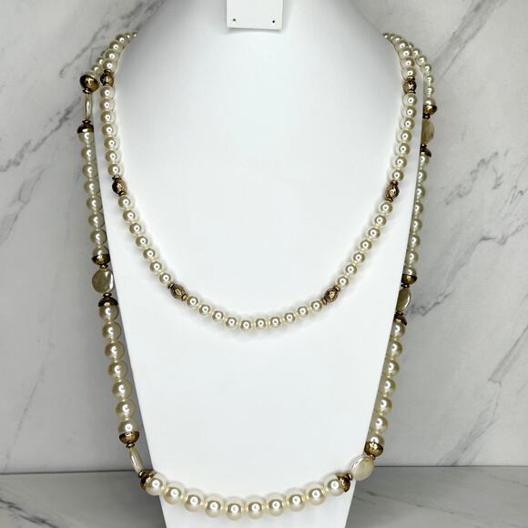 Chico's Layered Double Strand Chunky Faux Pearl Beaded Long Gold Tone Necklace - Picture 1 of 14